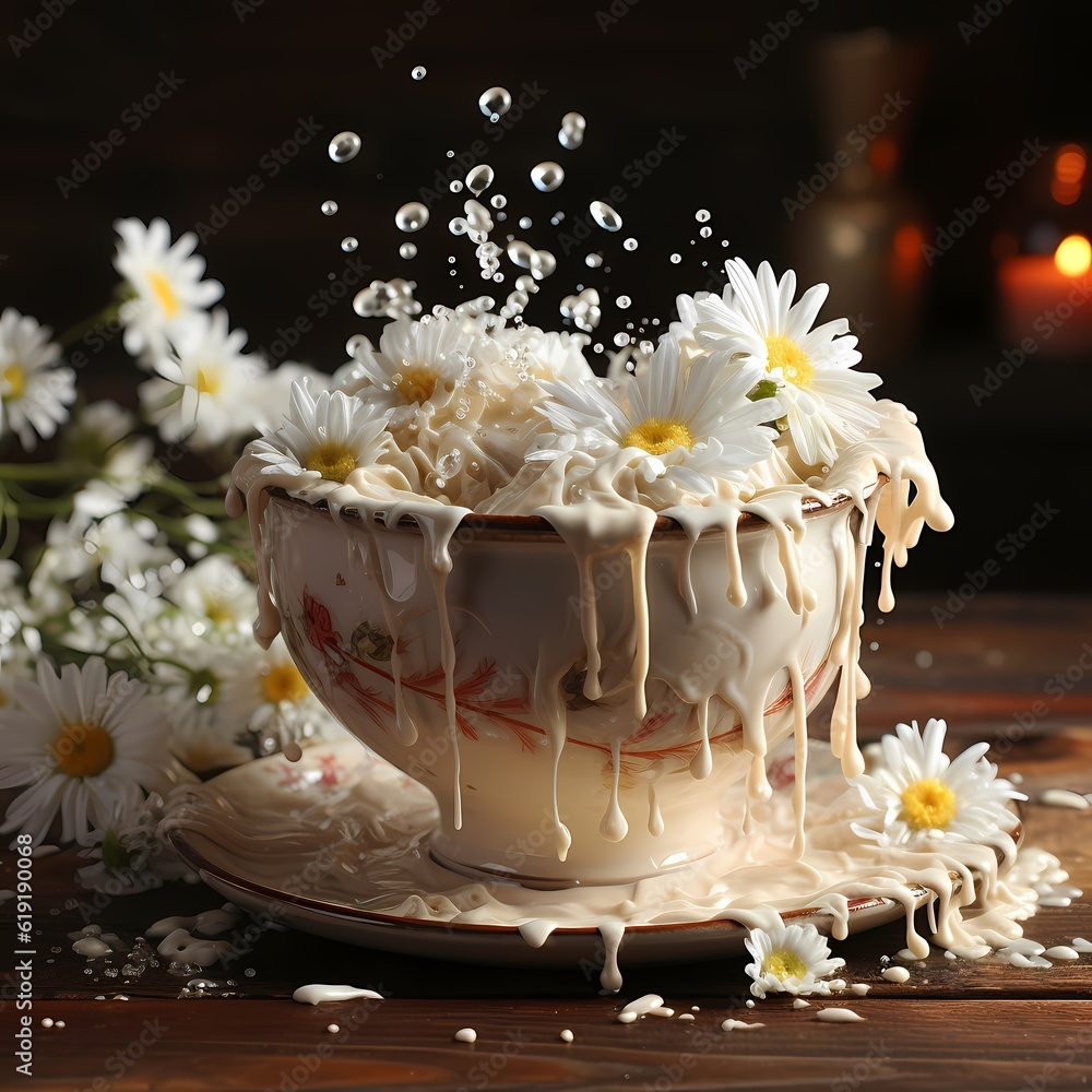 A white pitcher and watering can with daisys spilling out of them, in the style of surrealistic A white pitcher and watering can with daisys spilling out of them, in the style of surrealistic