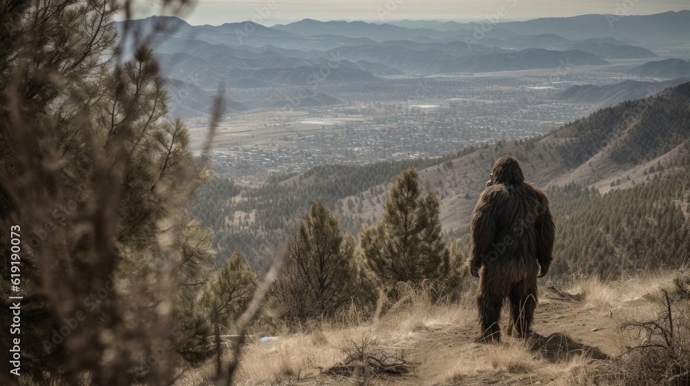 Bigfoot overlooking a beautiful landscape seen from behind Bigfoot overlooking a beautiful landscape seen from behind