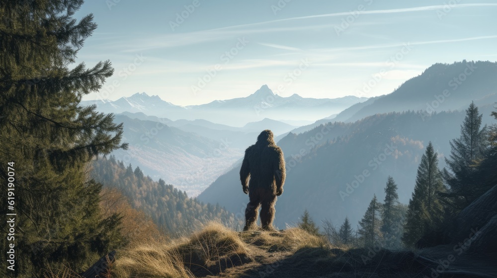 Bigfoot overlooking beautiful hills seen from behind