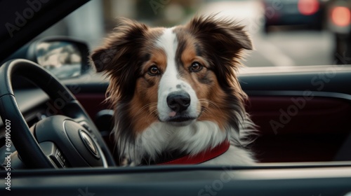 A cute dog driving a car in the driver's seat © 016Graphics