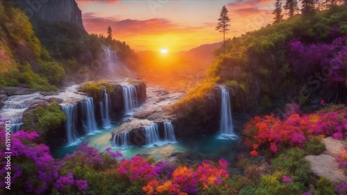 waterfall in the sunset
