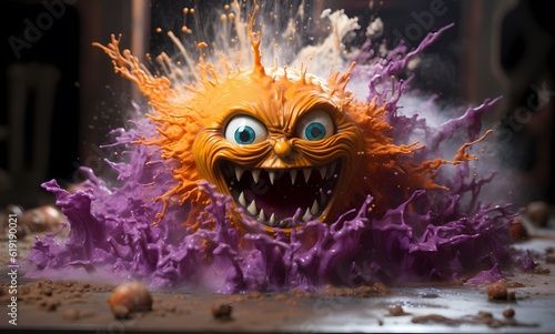 A yellow and purple powdered pumpkin with a scary face, in the style of dimitry roulland 