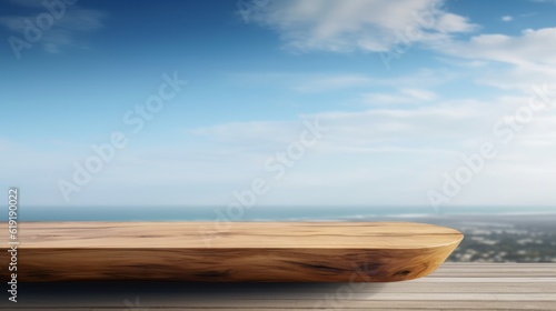 Empty wooden table for product display background  banner and product advertisement mock up with beautiful blue sky behind