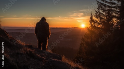 Bigfoot overlooking a beautiful sunset seen from behind