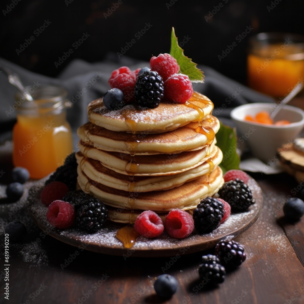 A stack of delicious pancakes on a plate with maple syrup and fruit and berries A stack of delicious pancakes on a plate with maple syrup and fruit and berries