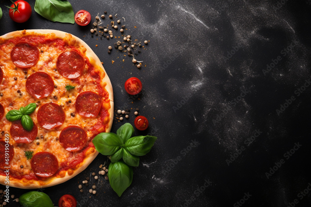 Tasty pepperoni pizza and cooking ingredients tomatoes basil on black concrete background. Top view of hot pepperoni pizza. With copy space for text. Flat lay. Banner. High quality photo