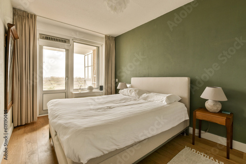 a bedroom with green walls and white bedding, wooden flooring and large windows overlooking the cityscapea