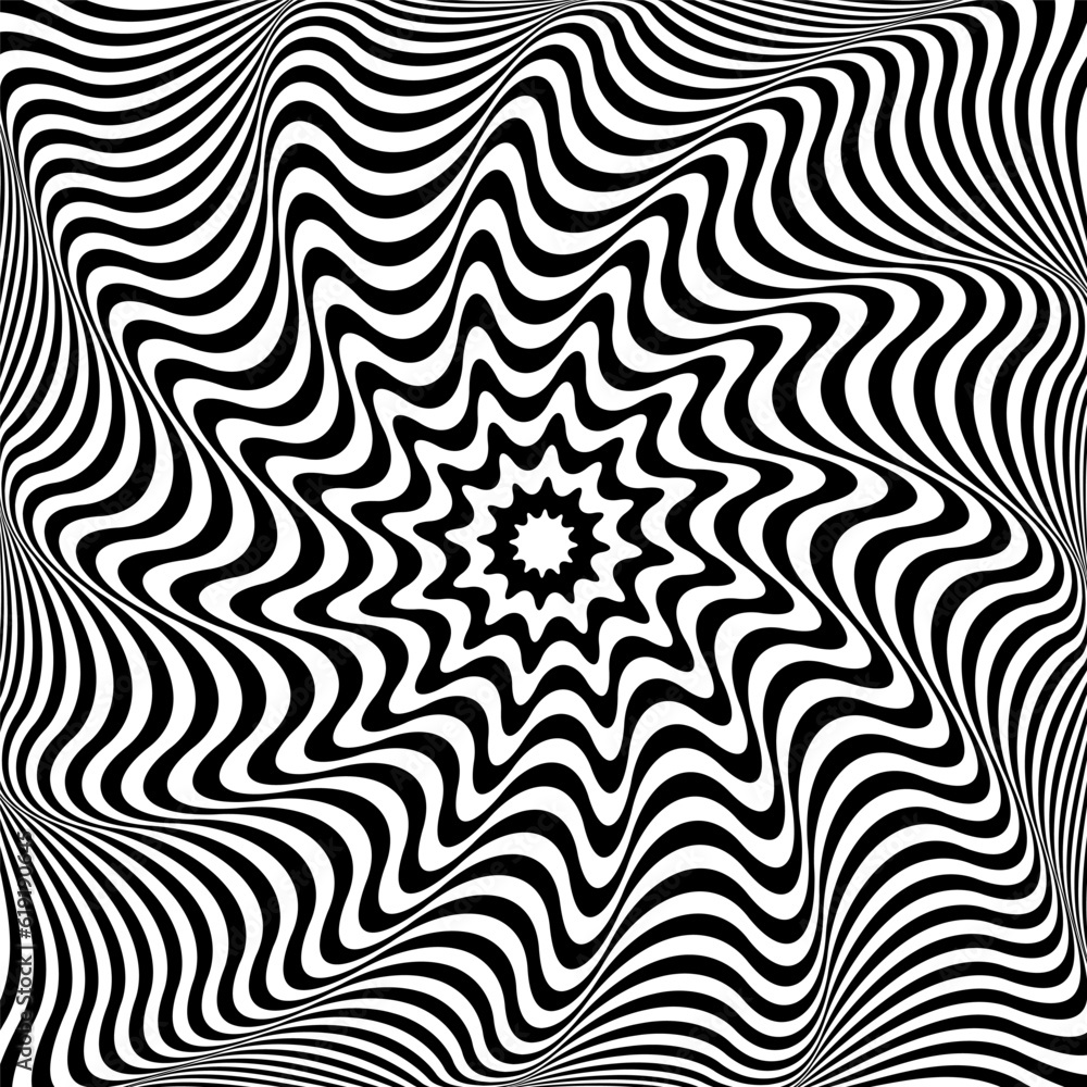 Rotation Whirl Motion and 3D Illusion in Abstract Op Art Wavy Lines Pattern.