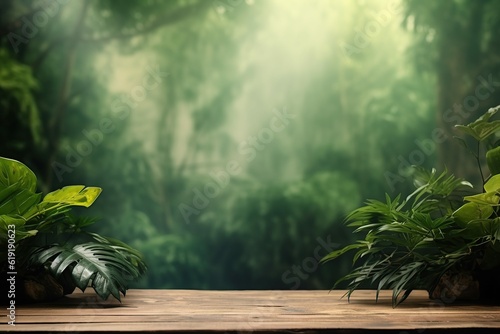 Misty jungle background with empty wooden table for product display  bokeh lights  green foliage  copy space   Generative AI 