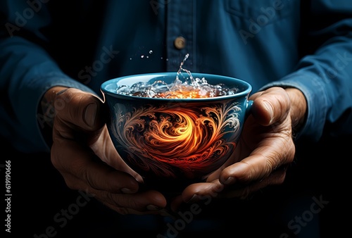 A man's hands hold a cup of coffee with its rim showing a wave, in the style of surreal seascapes, lisa holloway photo