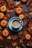 Generative AI illustrations , Autumn yellow and orange fall leaves and pumpkins, hot cup of coffee.