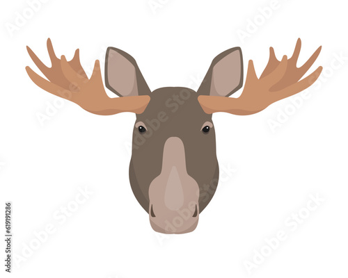 Moose bull or Elk head. Brown wild forest animal elk face with big horns. Flat vector moose icon illustration isolated on white background. © Елена Истомина