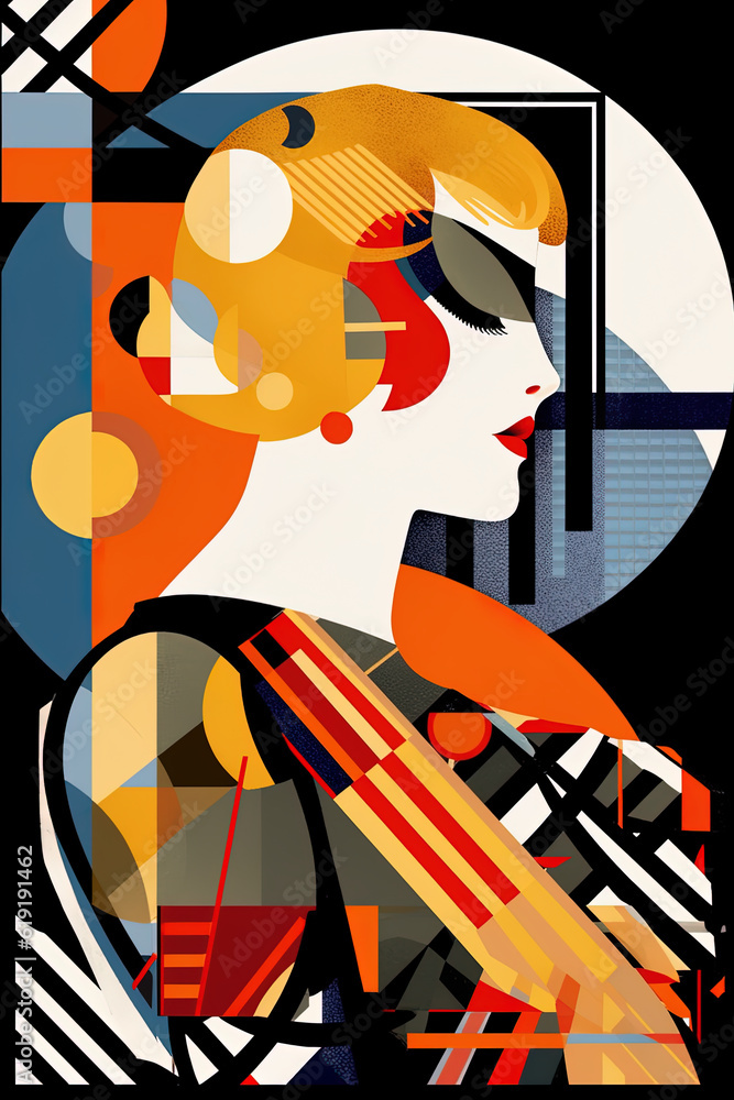 Φωτογραφία Woman in retro clothes, Bauhaus style background, trendy 20s geometric design poster design, generative AI digital art