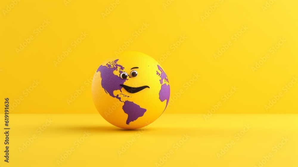 Running Globe, Whimsical Image of a Yellow Earth in Action, Isolated on Purple, Emphasizing Imagination and Environmental Awareness, generative ai.