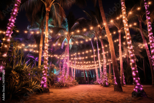 palm tree adorned with festive fairy lights. Palm leaves decorated with garlands of luminous lights against the sky on a warm southern night. High quality photo