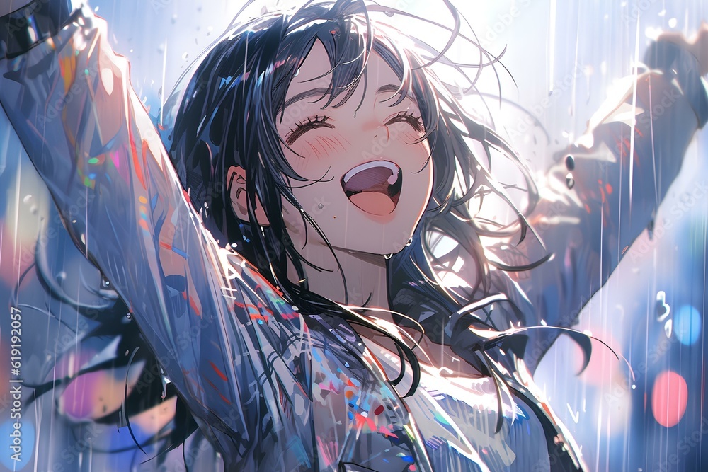 Φωτογραφία lovely girl soaked in the summer rain dancing happily, japanese animation style illustration