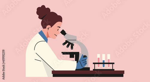 Tablou canvas Female Doctor Examining Breast Cancer Cells under Microscope with Test Tube in R