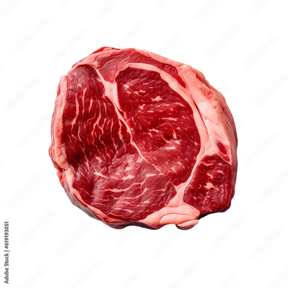 Obraz premium Fresh raw beef rib eye steak isolated on transparent background, png cutout, Generative AI
