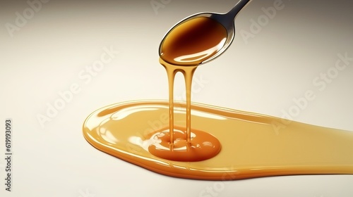 Melted caramel for sweets and cake, the liquid flows into the pan over a spoon. Sweets for a pastry shop on a minimalistic background. Generative AI
