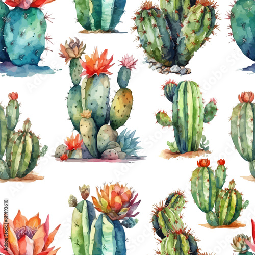 Beautiful watercolor cactus seamless pattern. Vector illustration