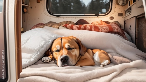 A lovely dog sleeping inside a camper van. The canine companion is nestled in a cozy corner, surrounded by soft blankets and plush pillows.