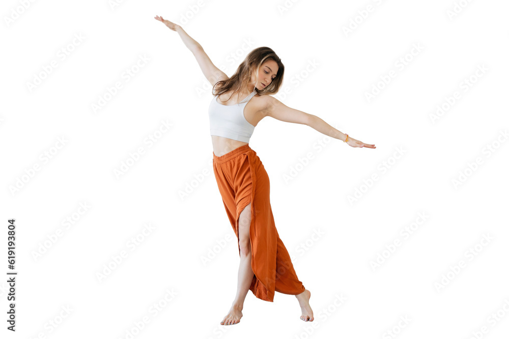 Obraz premium A yoga woman trains alone in a fitness suit. Transparent background, isolate.