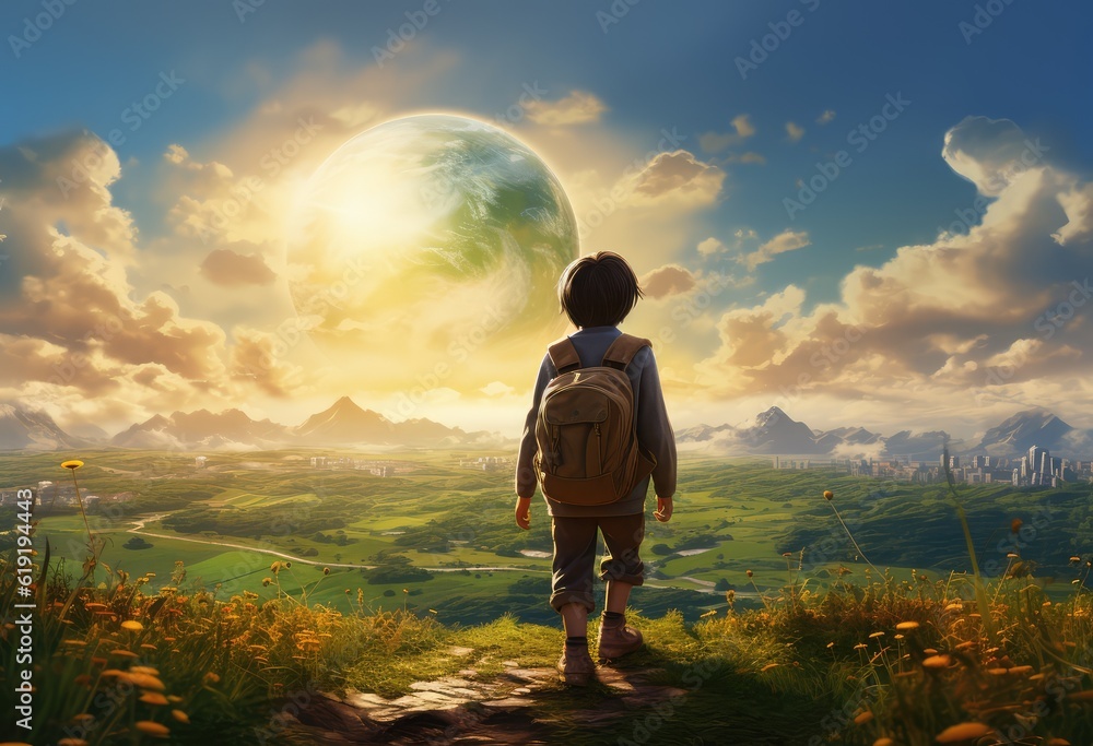 Fototapeta premium Child standing in front of an earth globe