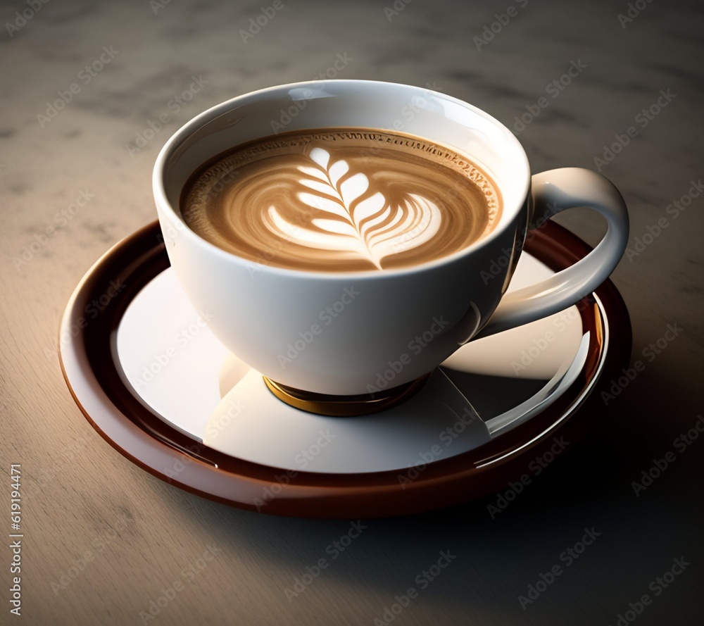 Fototapeta premium a cup of coffee sitting on top of a saucer, cappuccino, celebration of coffee products, ko-fi, cup of coffee, highly detailed vfx espresso, latte art, steaming coffee, coffee cup, smooth 3d cg render,