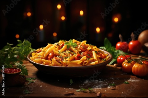 A dish of pasta with tomato sauce and parsley, generative ai