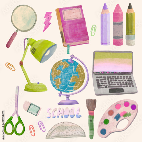 Stationery and education watercolor vector illustration. back to school.