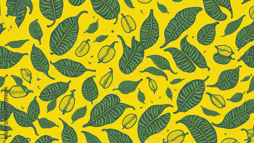 Banana fruit pattern on a yellow color background flat lay