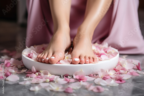 Foot bath in bowl with flower petals. Close up shot of female feet in a Spa. High quality photo