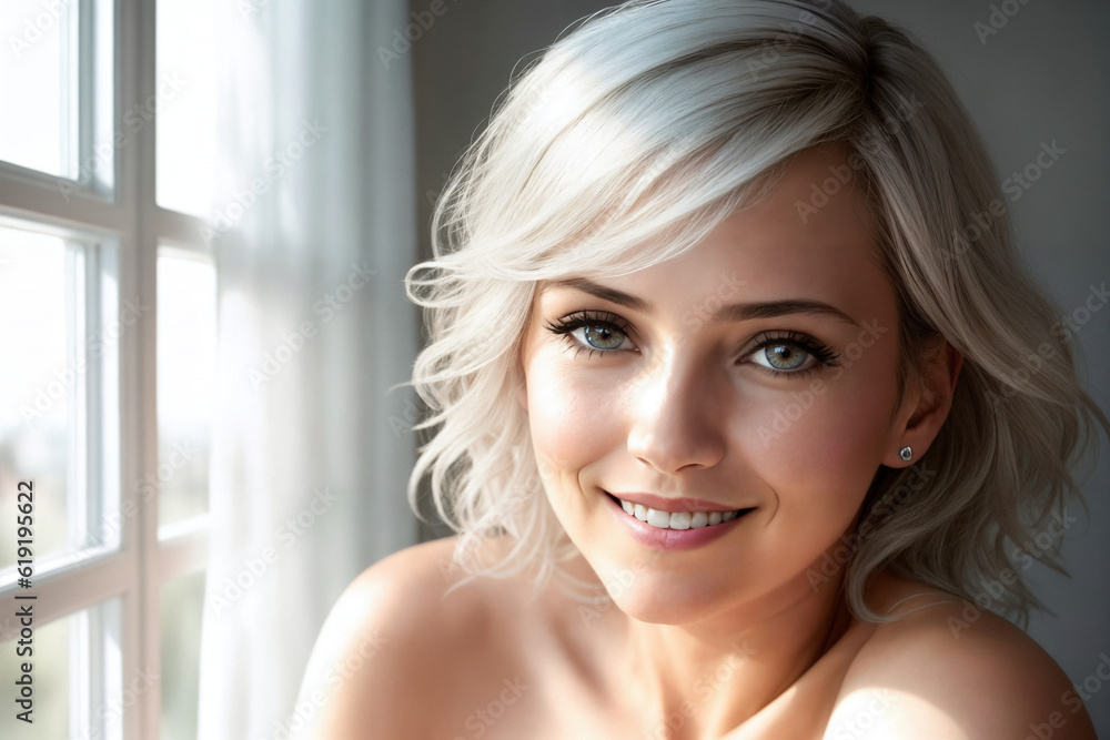 Portrait of a beautiful woman near window in a bedroom. Generative AI. Portrait of a beautiful woman near window in a bedroom. Generative AI.