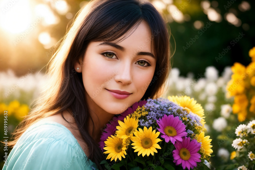 Portrait of a woman with bouquet of flowers in a garden. Generative AI. Portrait of a woman with bouquet of flowers in a garden. Generative AI.