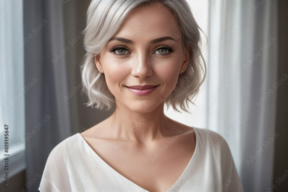 Portrait of a beautiful woman near window in a bedroom. Generative AI. Portrait of a beautiful woman near window in a bedroom. Generative AI.