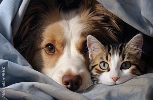 cat and dog under the blanket 