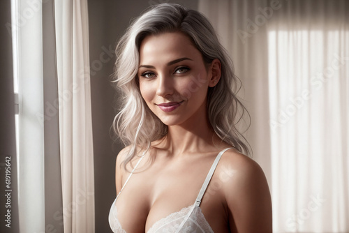 Portrait of a beautiful woman near window in a bedroom. Generative AI.