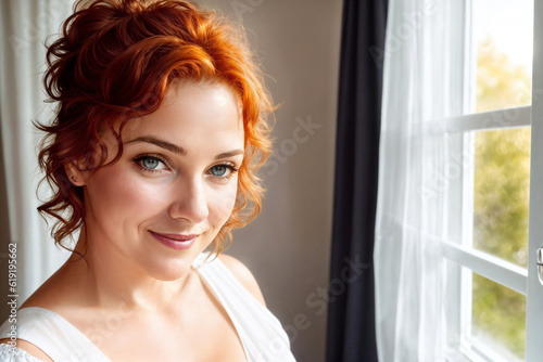 Portrait of a beautiful woman near window in a bedroom, face close-up. Generative AI.