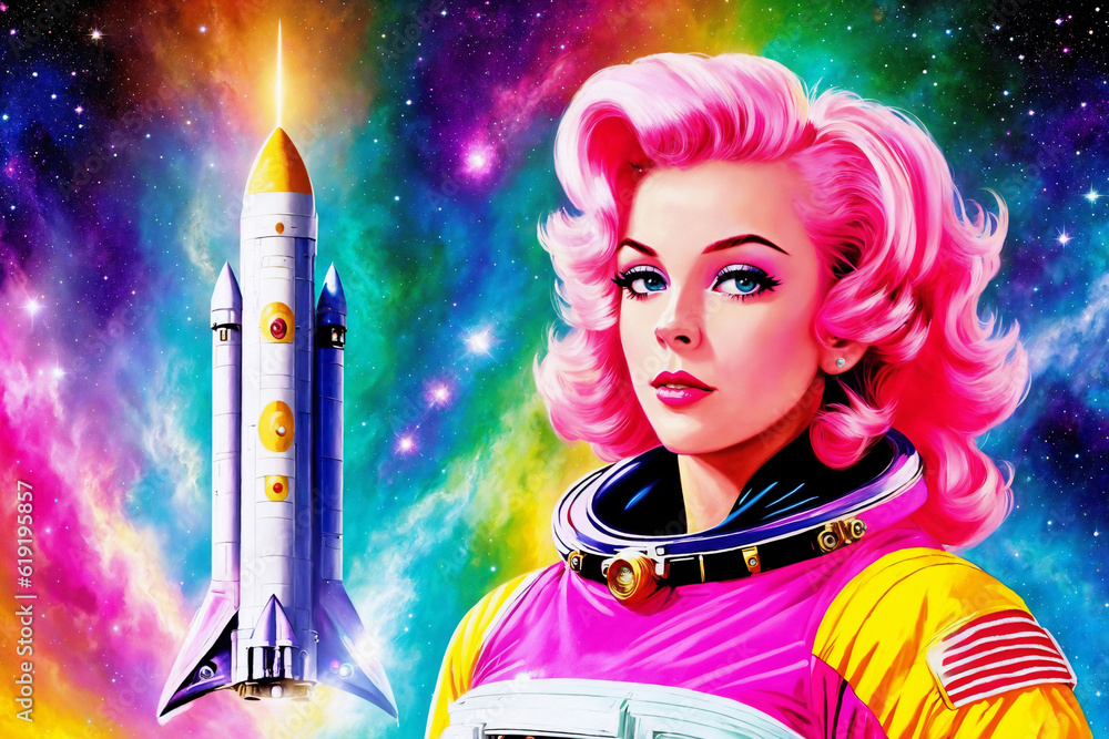 Portrait of a beautiful woman as an astronaut, space theme in the retro futurism style of the 60s. Generative AI.