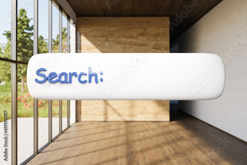 search box text floating in air in luxurious loft apartment with window and garden; minimalistic interior living room design; 3D Illustration