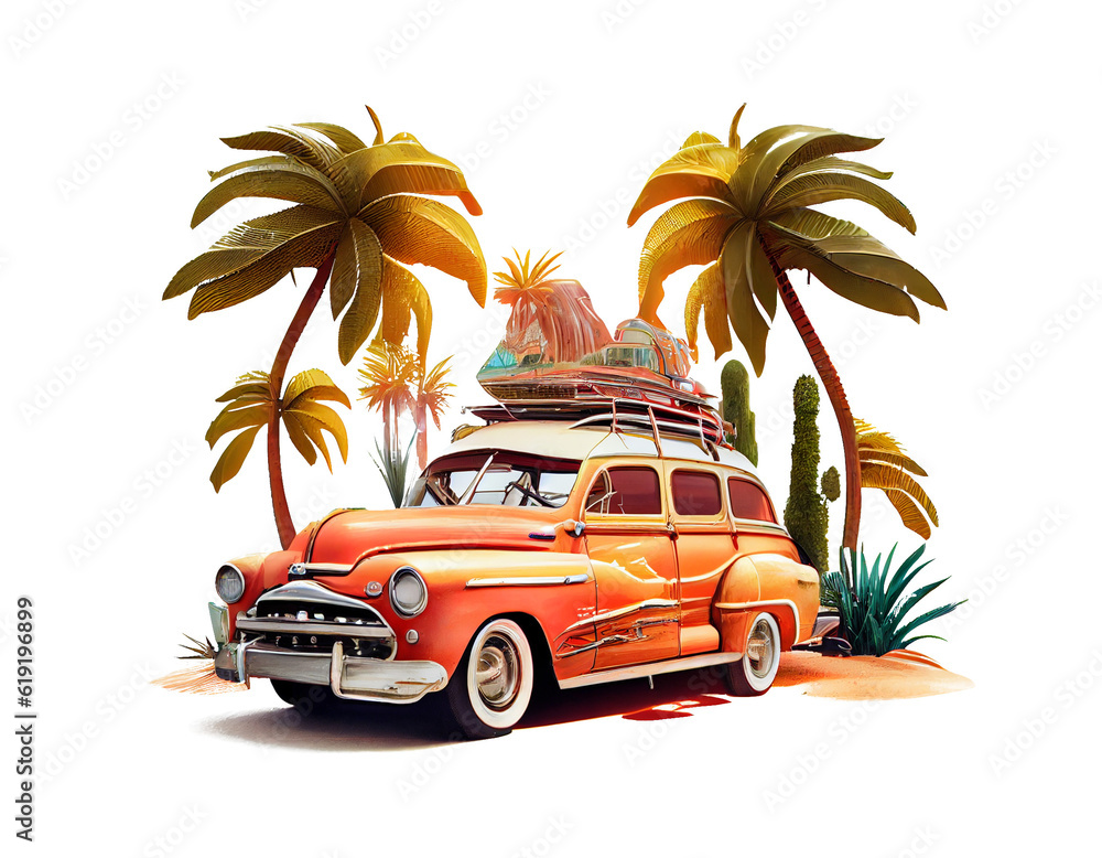 Vintage car at the beach in summer on a transparent background