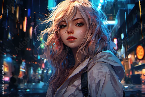 Painting of woman in the city at night anime city cityscape. Digital artwork. Generative AI.