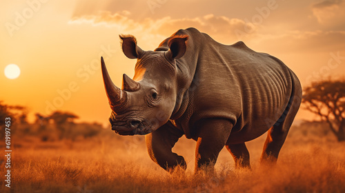Rhinoceros on savanna landscape with beautiful sunset background mock-up