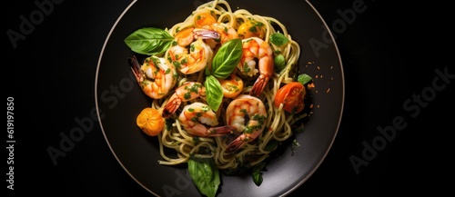 Shrimps and vegetables in a black bowl of pasta, generative ai