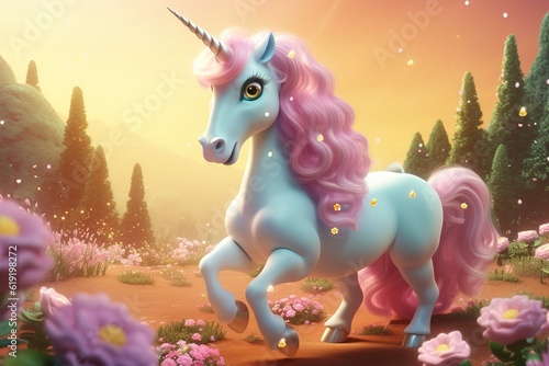 Super girly tough young unicorn animated with long lashes and an attitude on bright background ,Generative AI 