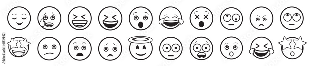 Emoji simple style. Happy, angry, in love and sad. Vector smiley face lines.