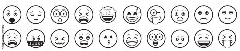 Emoji simple style. Happy, angry, in love and sad. Vector smiley face lines. Emoji simple style. Happy, angry, in love and sad. Vector smiley face lines.