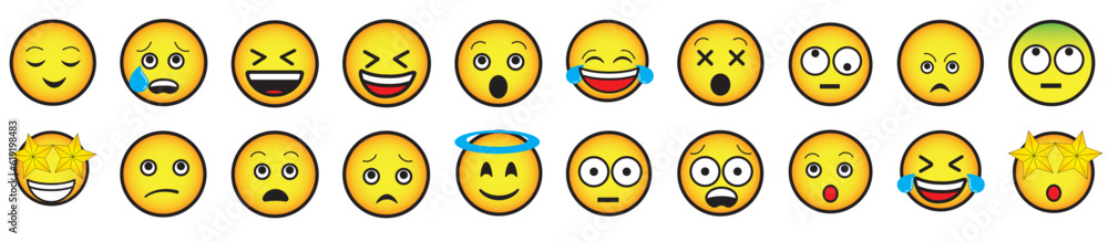 Yellow emojis. Simple style. Happy, angry, in love and sad. Vector smiley face lines. Yellow emojis. Simple style. Happy, angry, in love and sad. Vector smiley face lines.