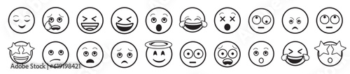 Emoji simple style. Happy, angry, in love and sad. Vector smiley face lines.