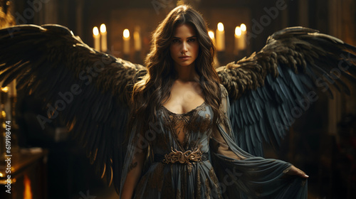 Woman dark angel with candles on background